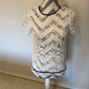 Joie White Lace Short-Sleeve Top with Black Trim